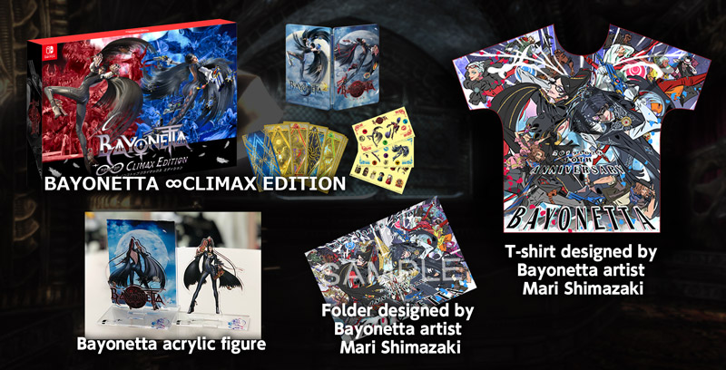 Bayonetta ∞ CLIMAX EDITION signed by Hideki Kamiya, Bayonetta acrylic figure & t-shirt/folder set designed by Mari Shimazaki!