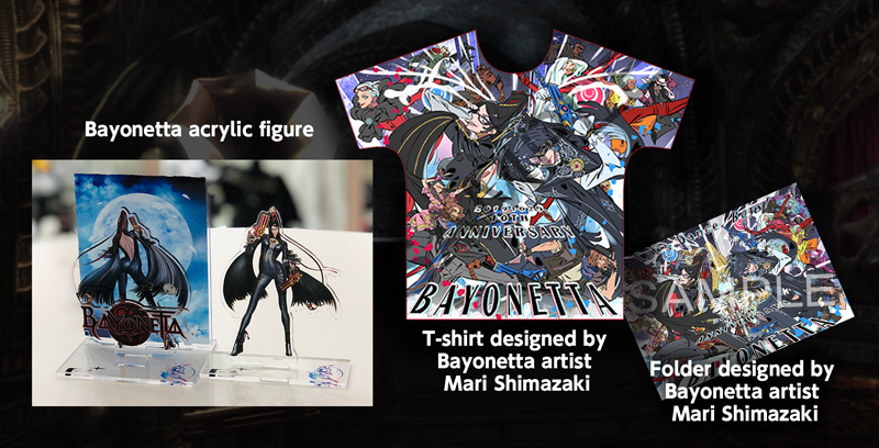 Bayonetta acrylic figure & t-shirt/folder set designed by Mari Shimazaki